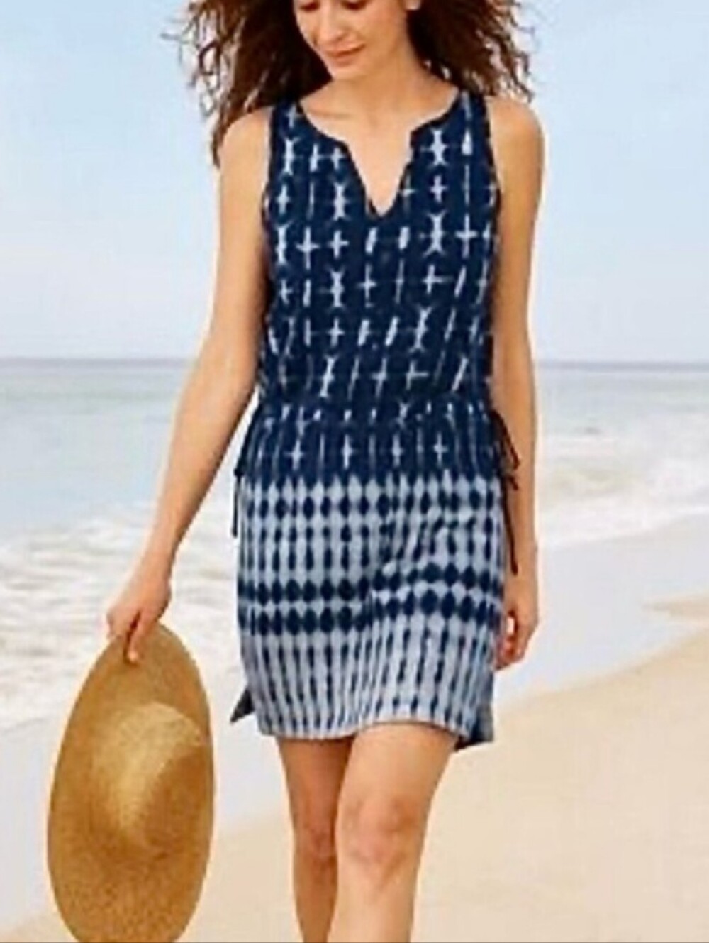 Pure Jill Linen Blend Tunic Dress Size M Indigo Blue Tie Dye Side Drawstring